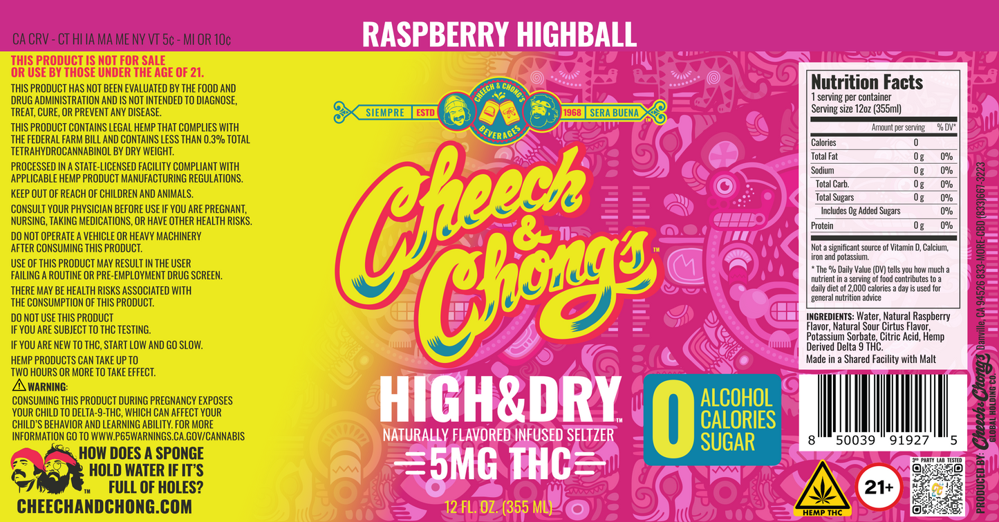 Cheech & Chong’s Raspberry Highball High & Dry Thc Infused Seltzer Water (6 packs)