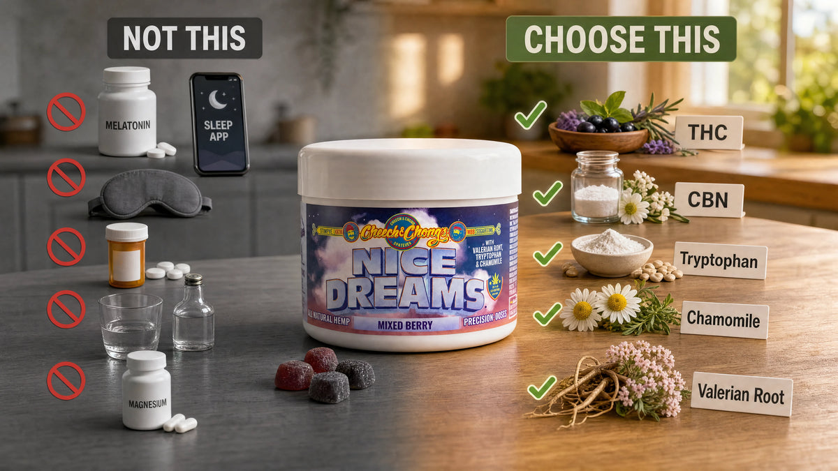[PRODUCT IMAGE: Nice Dreams Gummies jar closeup, label visible]