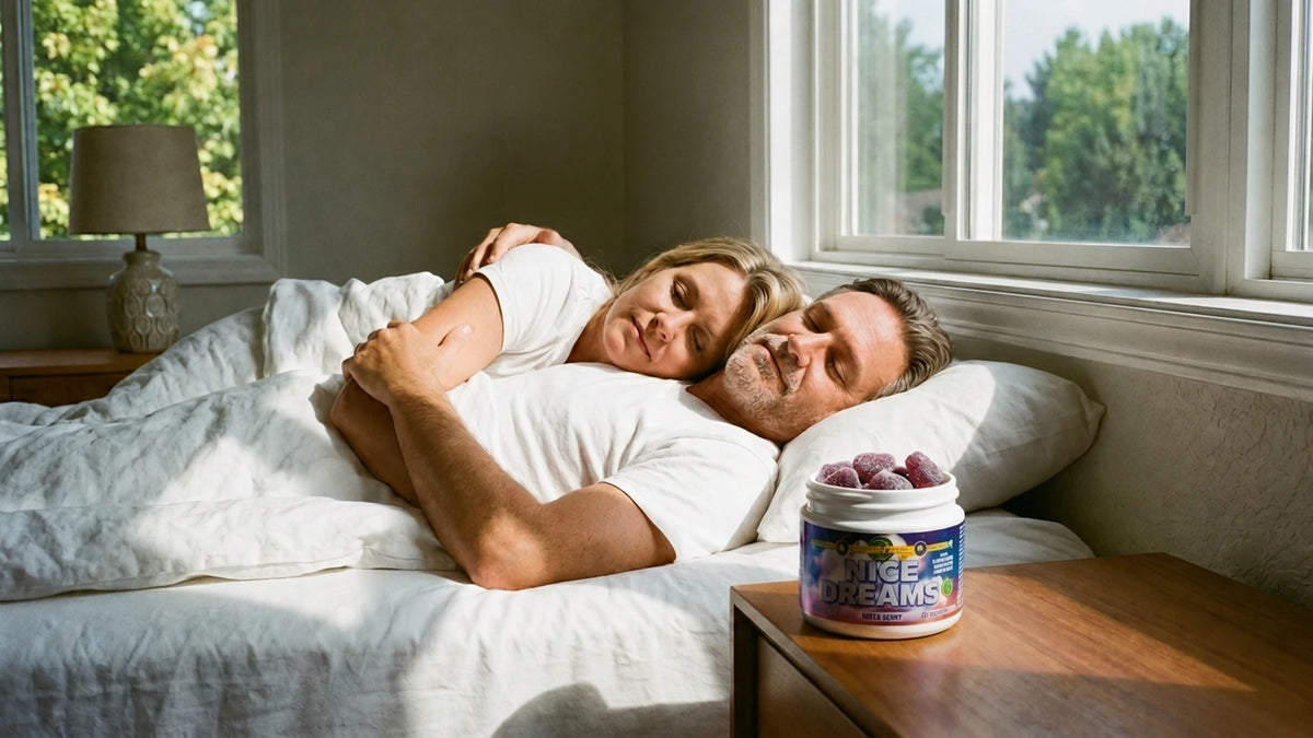 Nice Dreams Gummies jar on bedside table with warm night lighting