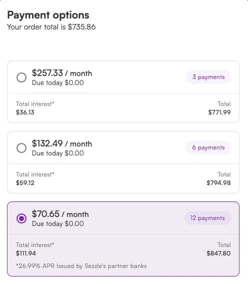 Sezzle payment options at checkout showing 3, 6 and 12 monthly payment plans, with 12 monthly payments of $70.65 selected and $0 due today