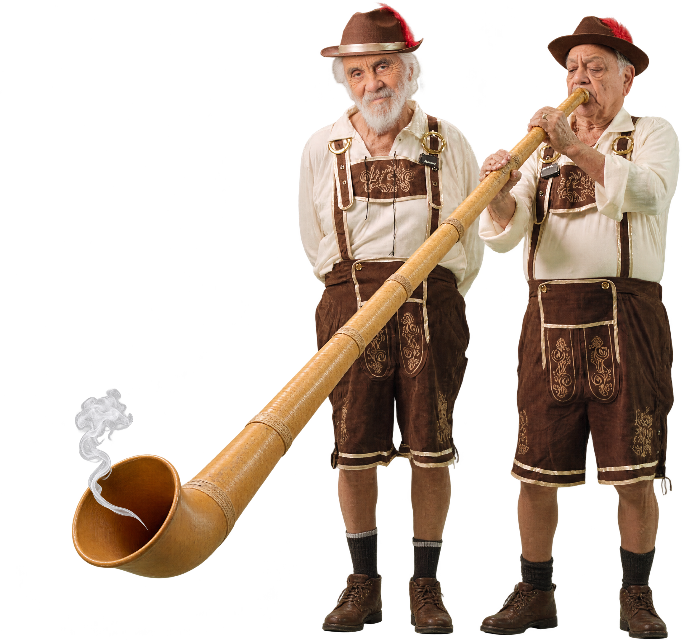 Cheech & Chong in lederhosen playing an alphorn