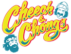Logo of "cheech & chong" featuring colorful, stylized text along with caricature illustrations of two men wearing hats, one with a beard and one with a mustache.