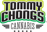Logo of tommy chong's, featuring bold white letters on a green splatter background, with the name "tommy" above "chong's" in a slightly larger font size.