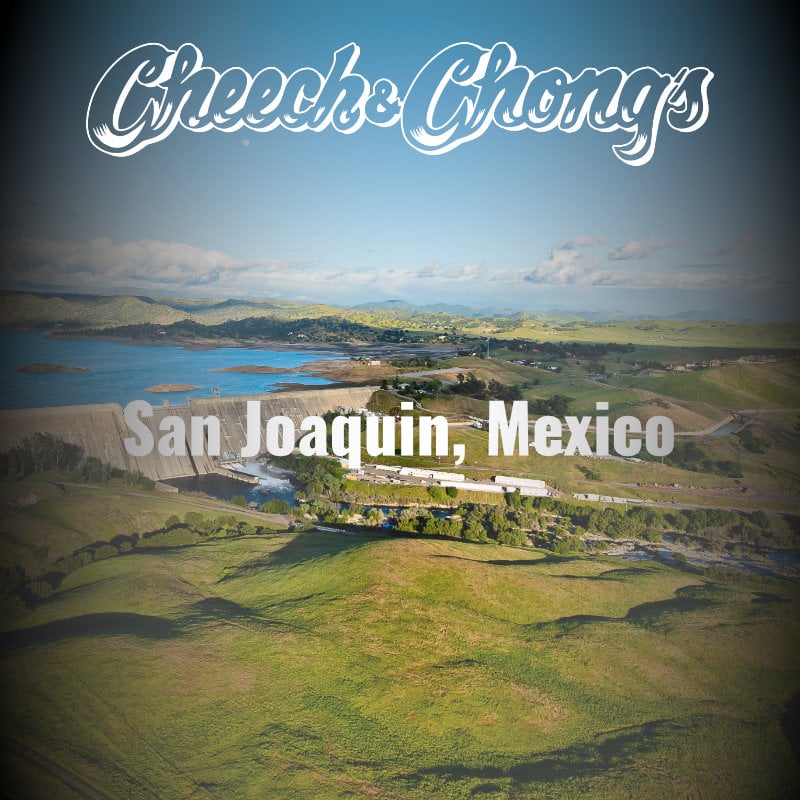 Aerial view of a lush, rolling landscape near water with the text "cheecho chongs san joaquin, mexico" overlaying the image in decorative script.