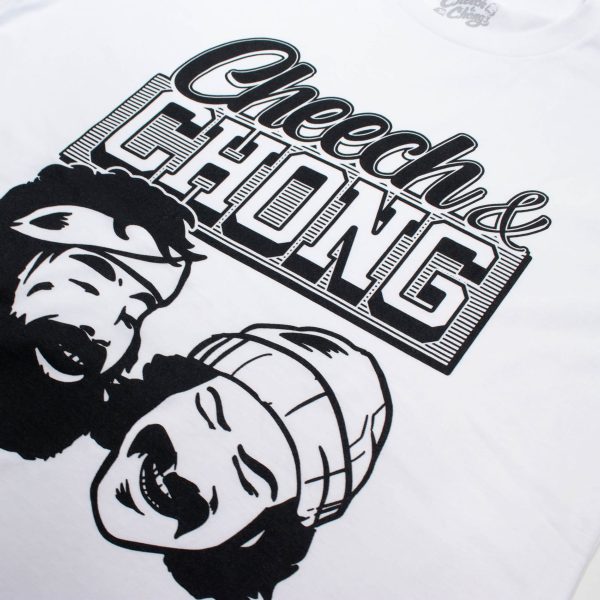 A white shirt with black font that reads Cheech and Chong, with a drawn picture of Cheech and Chongs faces.