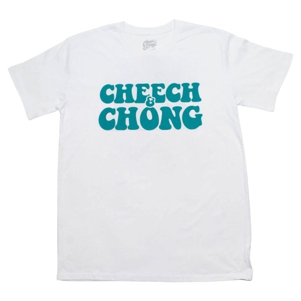 A white t-shirt that reads Cheech and Chong in green.