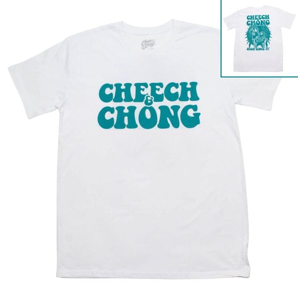 A white t-shirt that reads Cheech and Chong in green, And the back of the shirt, reads Cheech and Chong, just above an image of Cheech and Chong from up in smoke.