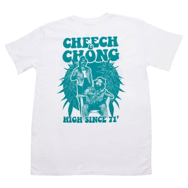 A white t-shirt that reads Cheech and Chong, just above an image of Cheech and Chong from up in smoke.
