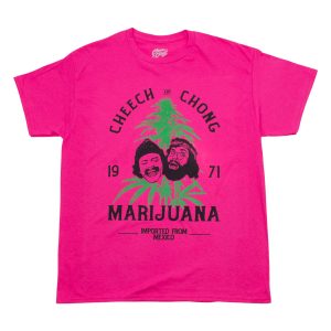 A pink shirt with Cheech and Chong written on the fron in black ink. A drawn image of Cheech and Chong in the middle.