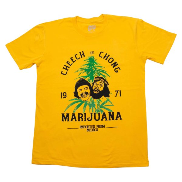 A yellow shirt with black font that reads Cheech and Chong In the middle of the shirt is a drawn picture of Cheech and Chong's heads that sits in front of a tall green hemp plant.