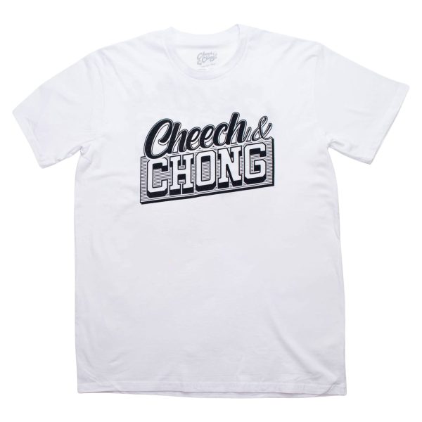 A white shirt with black font that reads Cheech and Chong.