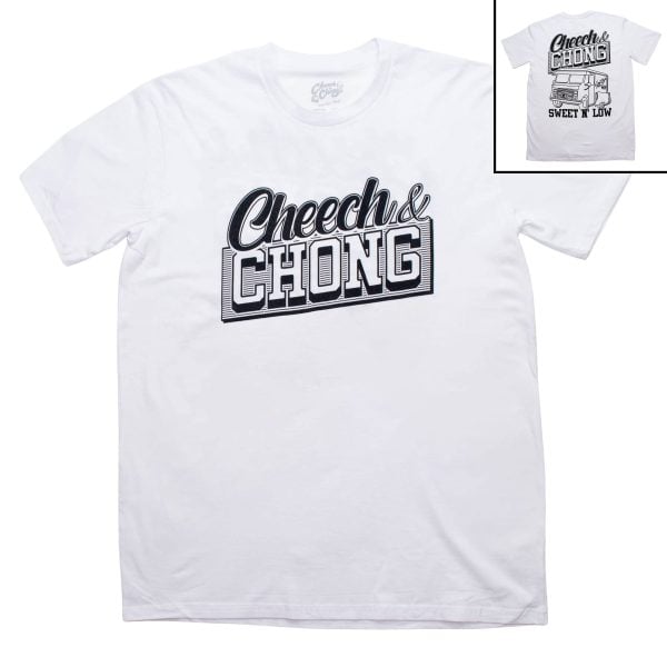 The front of a white shirt with black font that reads Cheech and Chong. The Back of the t-shirt that reads Cheech and Chong, sweet n' low in black font. A outline drawing of a van in the middle.