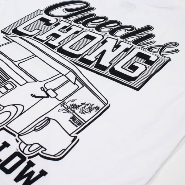A white t-shirt that reads Cheech and Chong, sweet n' low in black font. A outline drawing of a van in the middle.