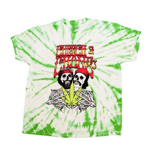 A green and white tie died t-shirt with red and yellow writing that says Cheech and Chong and a skelton Cheech and Chong below that.