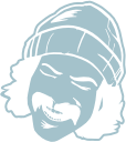 A blue Stylized drawing of Cheech wearing his beanie and laughing.