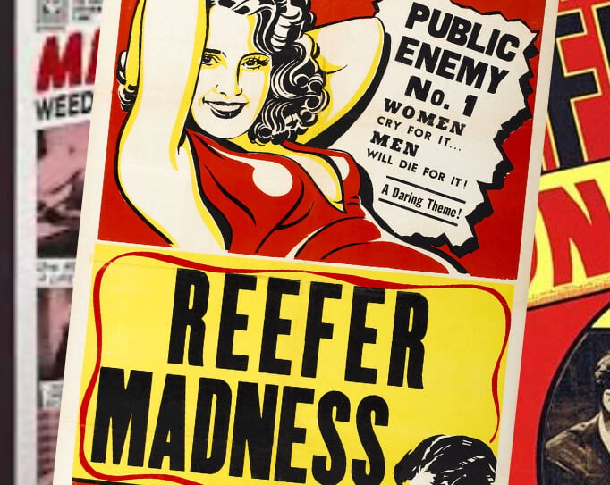 Retro image of a woman lounging. The image reads Reefer Madness.