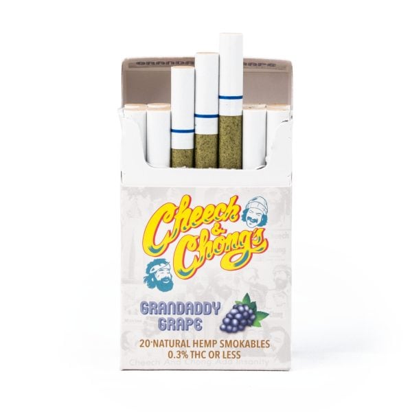 An open pack of Cheech & Chong Laser Engraved Grinder natural hemp cigarettes with a laser engraved grinder, displaying a graphic of the brand's logo and name on the front.