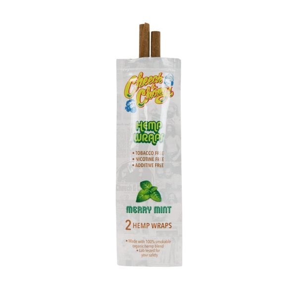 A package of Cheech & Chong's hemp wraps in "Merry Mint" flavor, featuring logos and labels indicating it is tobacco, nicotine, and additive-free. The packaging shows two hemp wraps