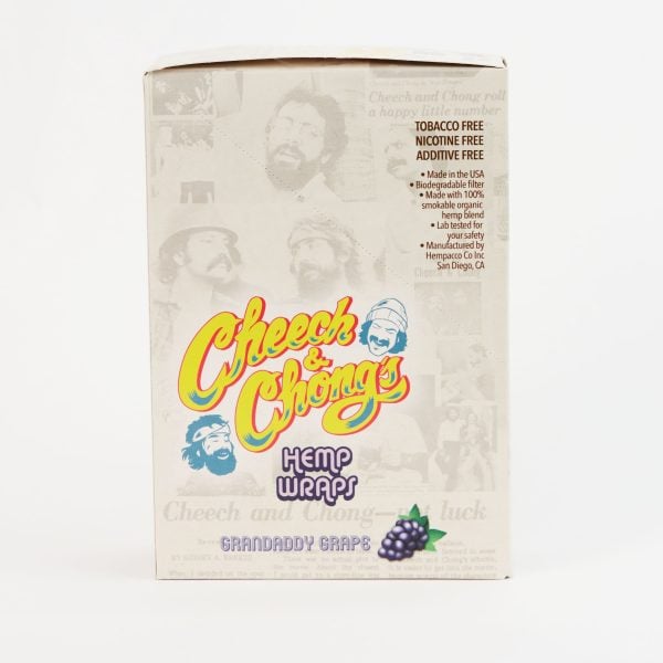 A product package for "Hemp Blunt Wraps - Grandaddy Grape" with images of Cheech and Chong and text detailing the product features like additive-free and nicotine-free, against a