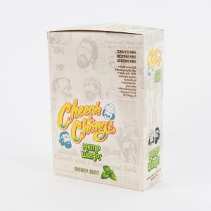 A box of Hemp Blunt Wraps - Grandaddy Grape, tobacco-free and nicotine-free, featuring portraits of Cheech & Chong with product descriptions and flavors like 