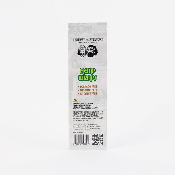 A package of "Hemp Blunt Wraps - Grandaddy Grape" with a black and green label, featuring the product logo and claims of being tobacco and nicotine free. Text and a QR code are visible on the