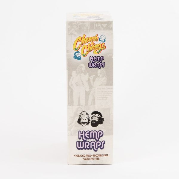 A box of Hemp Blunt Wraps - Grandaddy Grape on a white background, labeled as tobacco-free, nicotine-free, and additive-free. The packaging features images and logos related to the brand.