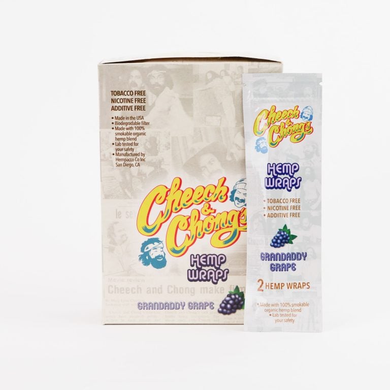 Product packaging for Hemp Blunt Wraps - Grandaddy Grape, featuring "Granddaddy Grape" flavor. The cylindrical tin and flat packet display colorful branding and product information.