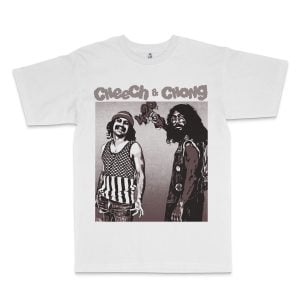 A white t-shirt featuring a graphic print of 420 Collection - C&C Purple Kush, both depicted in monochrome stylized portraits, with a vintage brown backdrop and the duo's name in stylized text above.