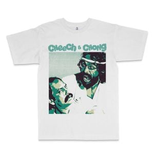 A white t-shirt featuring an iconic green and black graphic print of 420 Collection - C&C Iconic Green with the duo's names in bold lettering above their heads.