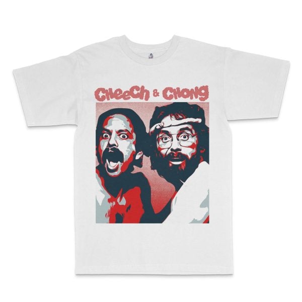 White t-shirt featuring a 420 Collection - C&C Red Alert graphic print of Cheech and Chong with their names above in bold letters.