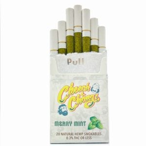 A pack of cheech & chong merry mint natural hemp smokables with visible mint green filters, featuring lab results on the box. The box is open, displaying several cigarettes against a white background