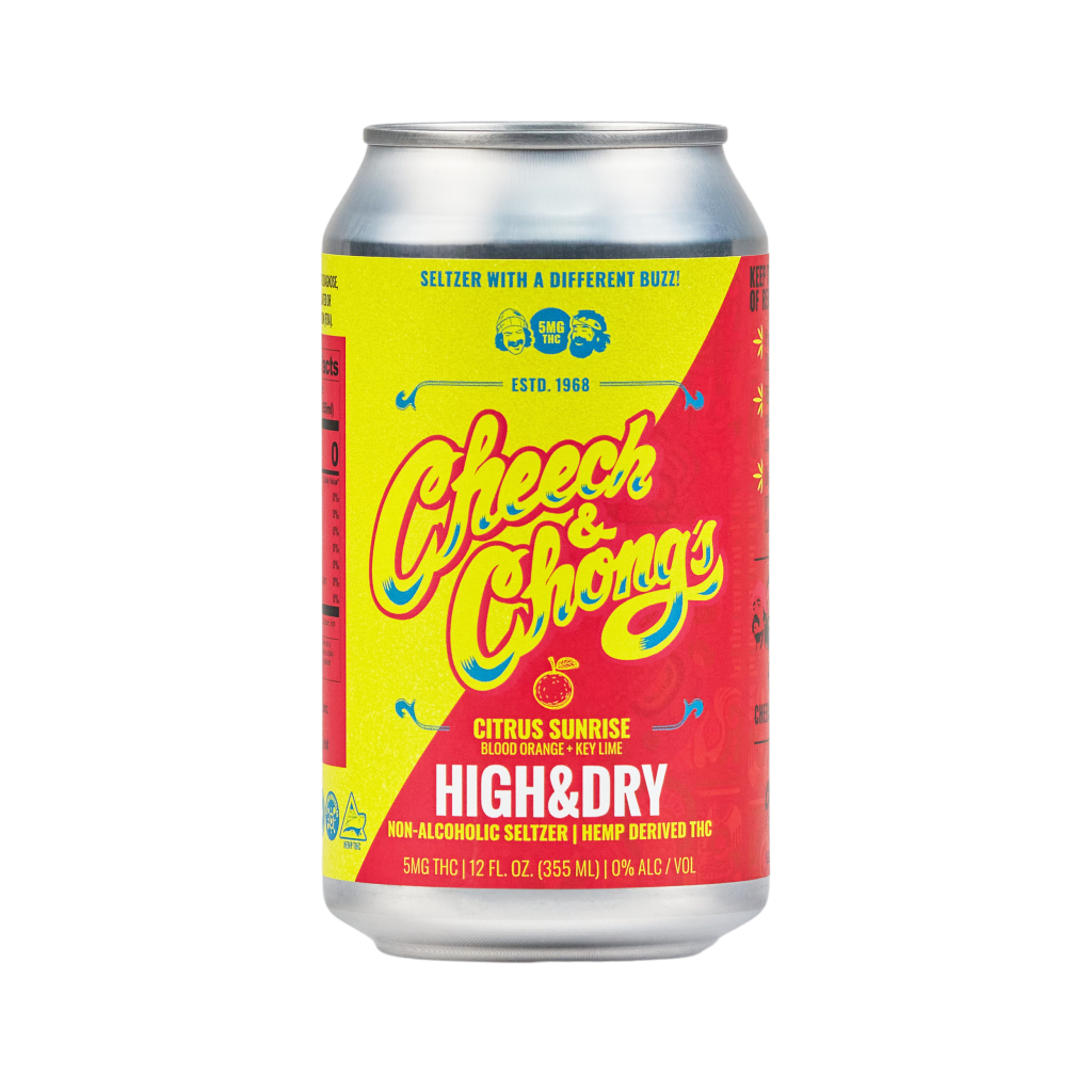 A colorful can of High & Dry THC Seltzer in the Cheech & Chong's Citrus Sunrise variety, featuring vibrant yellow and red graphics with psychedelic-style text. It contains 10 mg