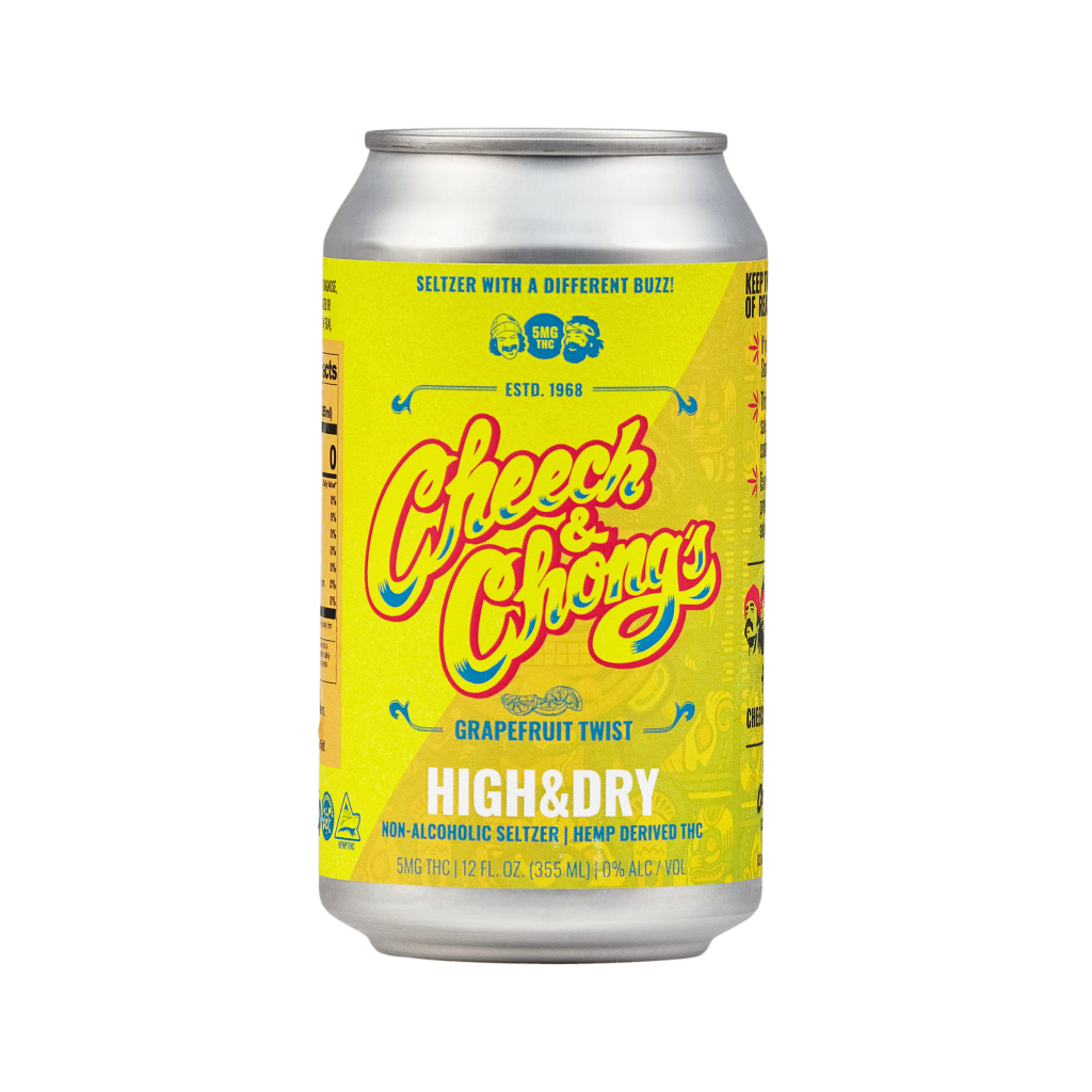 A brightly colored can of High & Dry THC Seltzer grapefruit twist, labeled as non-alcoholic, with a retro design and the tagline "seltzer with a different buzz!