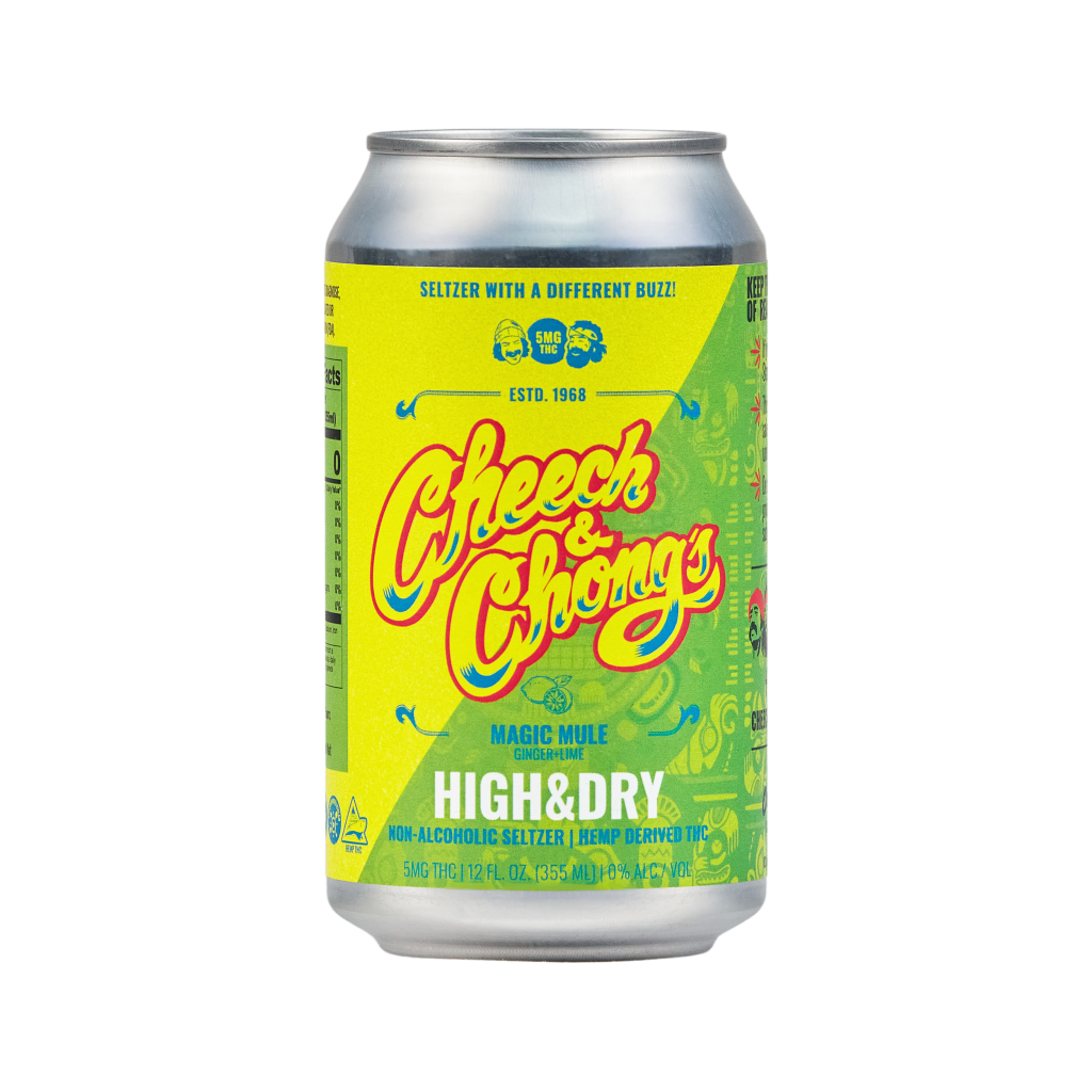 A vibrant yellow aluminum can of "High & Dry THC Seltzer," featuring colorful, psychedelic graphics and text noting it contains hemp-derived THC.