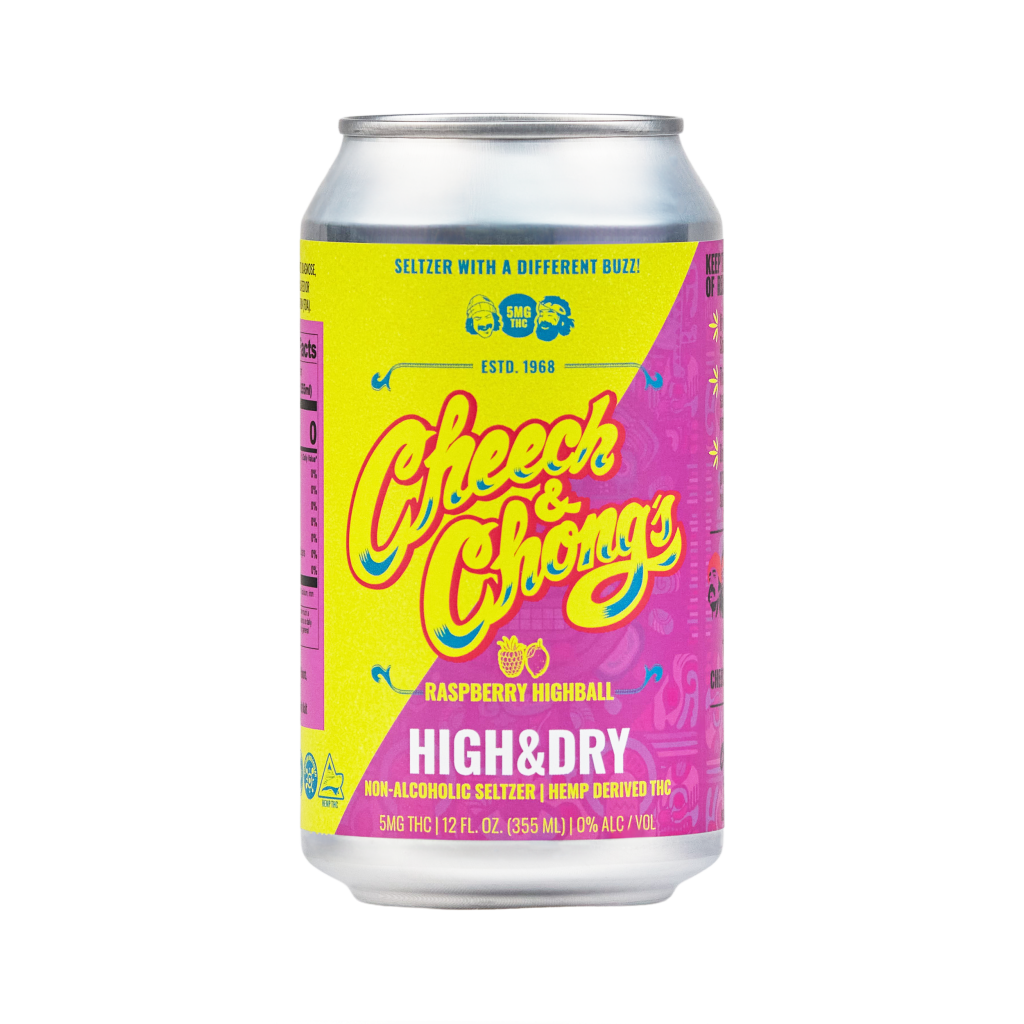 A can of High & Dry THC Seltzer, featuring vibrant yellow, pink, and teal graphics with bold typography. It's labeled as THC-infused and non-alcoholic.
