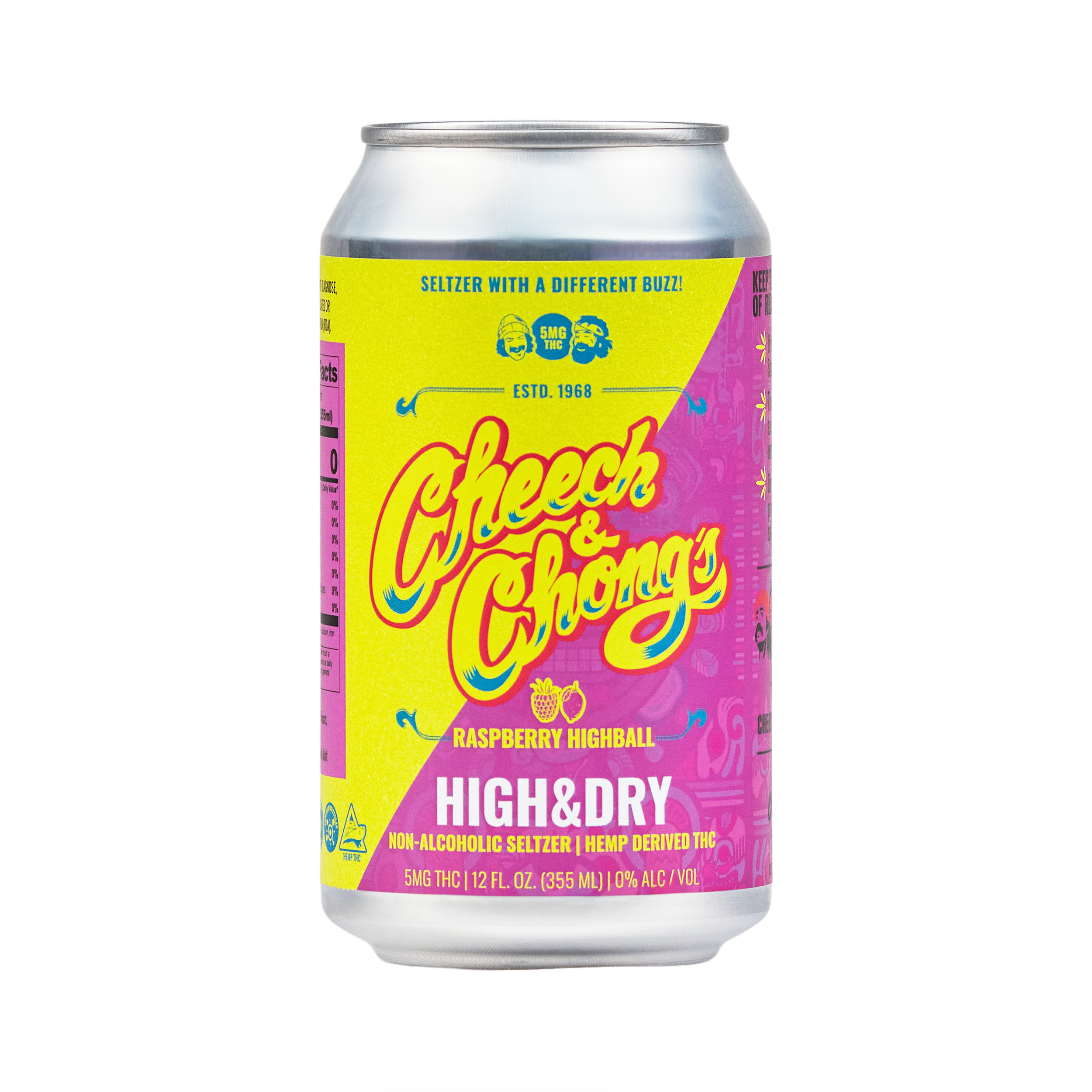 A can of High & Dry THC Seltzer, featuring vibrant yellow, pink, and teal graphics with bold typography. It's labeled as THC-infused and non-alcoholic.