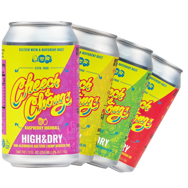 Four colorful cans of Cheech & Chong's High & Dry - Mixed Pack raspberry highball, alcoholic seltzer, displayed in a slanted arrangement with bright, vibrant designs.
