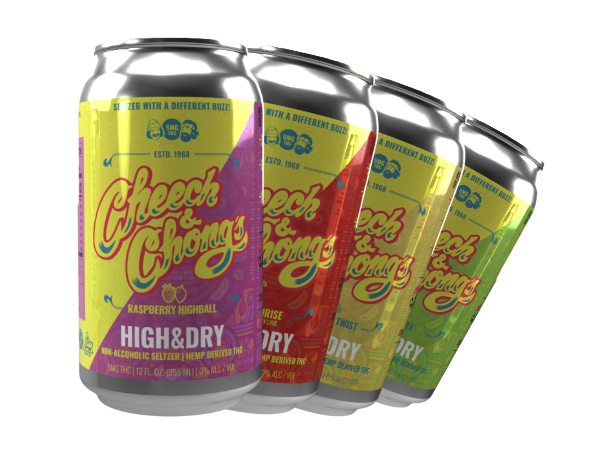 Six cans of "High & Dry THC Seltzer" in a diagonal row, featuring colorful labels with a retro design, containing different flavors like raspberry highball.