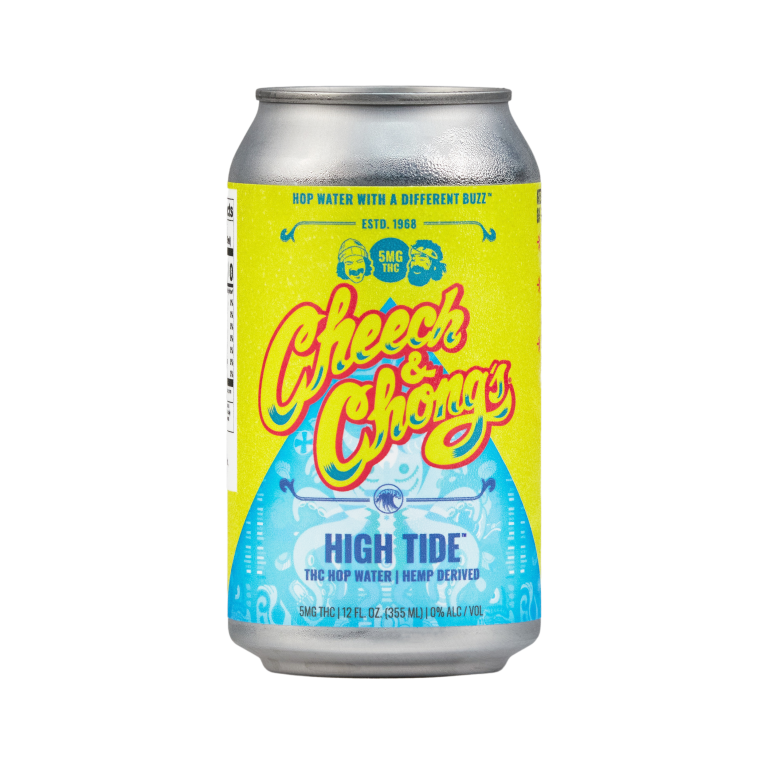 A colorful can of cheech & chong's high tide thc hop water, derived from hemp. the label features vibrant blue, yellow, and pink hues with bold, playful typography, highlighting its 5 mg thc content.