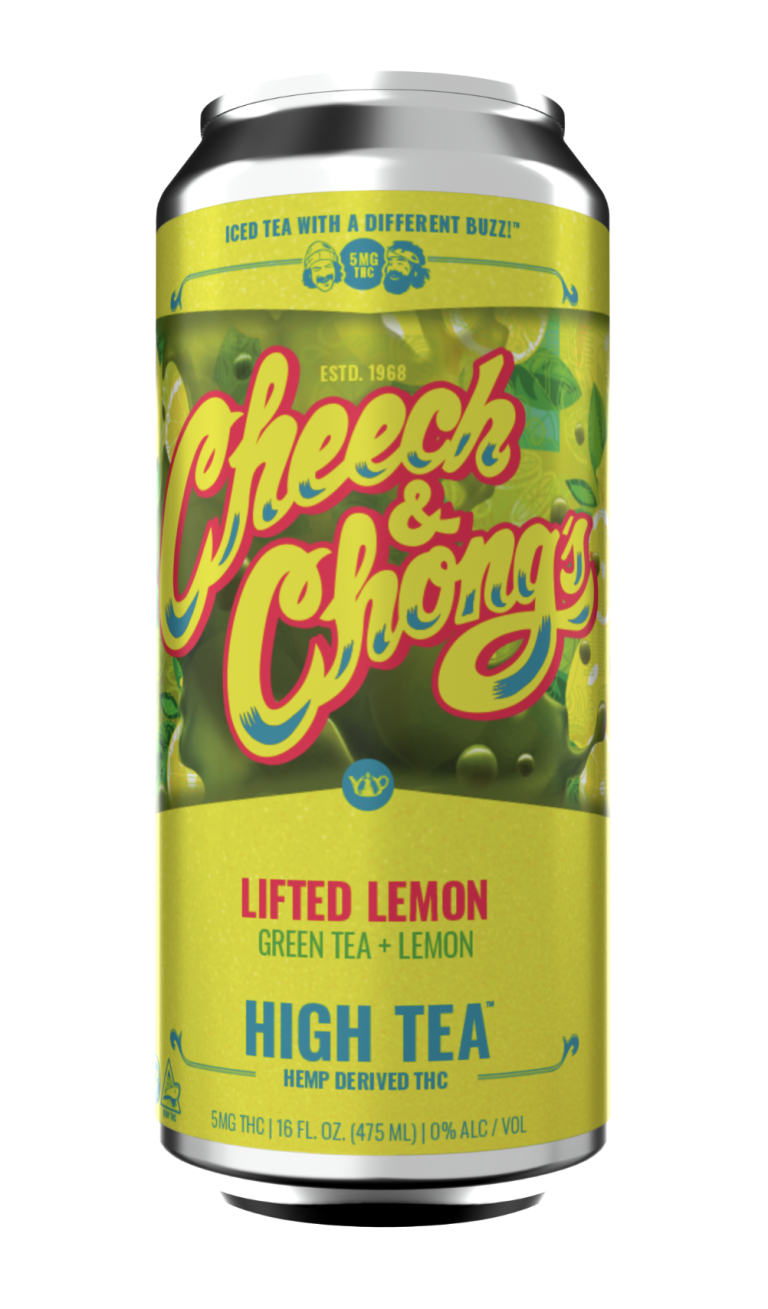 A can of "cheech & chong's lifted lemon high tea" featuring bright green and yellow graphics, logo text, and labels indicating it contains hemp-derived thc. the can size is 16 fl oz with a 10% alcohol volume.