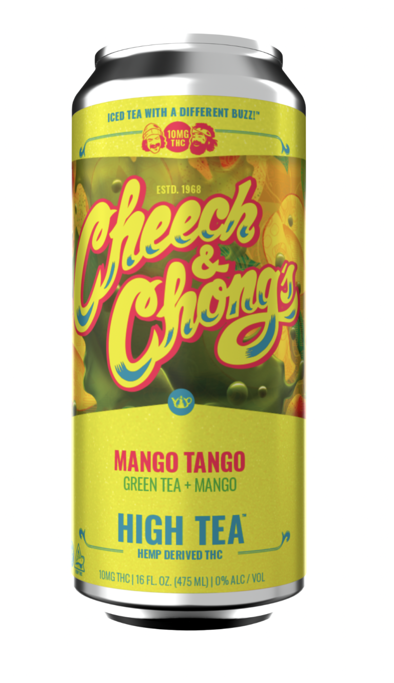 A can of cheech & chong's mango and green tea flavored "high tea" with hemp-derived thc, featuring vibrant yellow and green colors and psychedelic imagery.