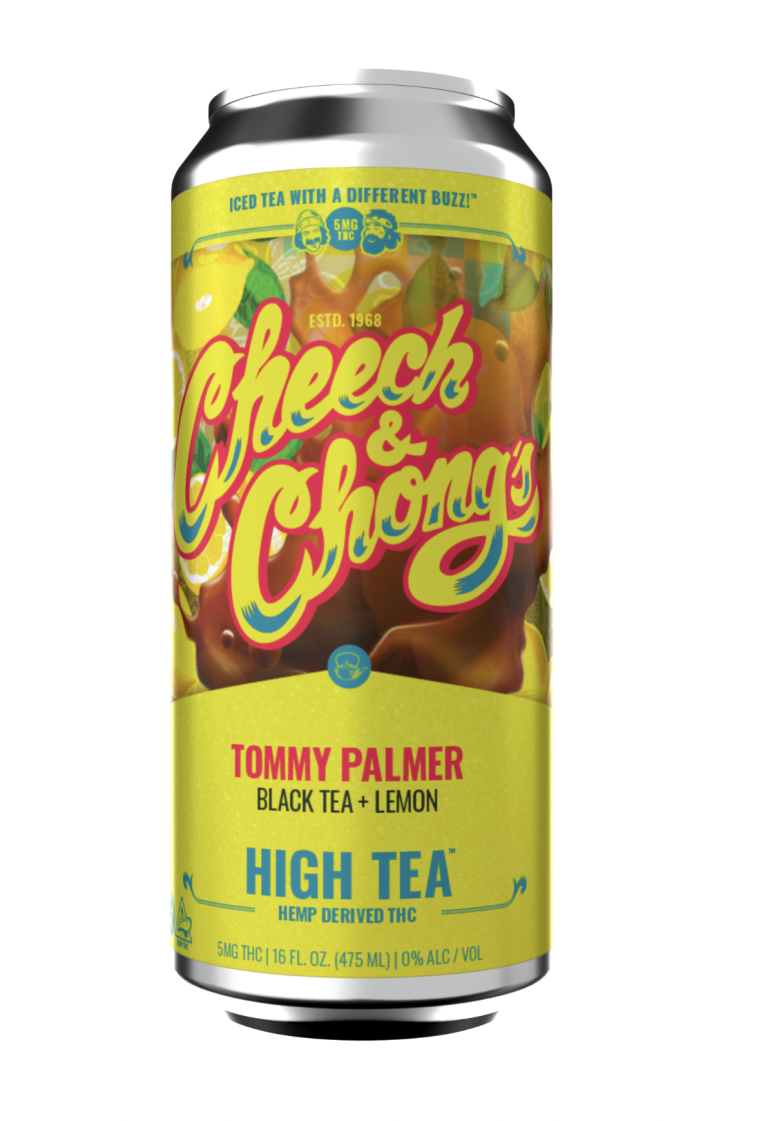 A can of cheech & chong's "high tea" tommy palmer, a black tea and lemon flavored beverage containing hemp-derived thc. the can design features vibrant colors and psychedelic patterns.