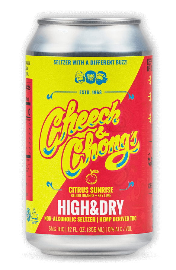 A can of "cheech & chong's high & dry" non-alcoholic seltzer with "citrus sunrise" flavor, featuring blood orange and key lime. the design includes retro yellow and red graphics with the text "seltzer with a different buzz!.
