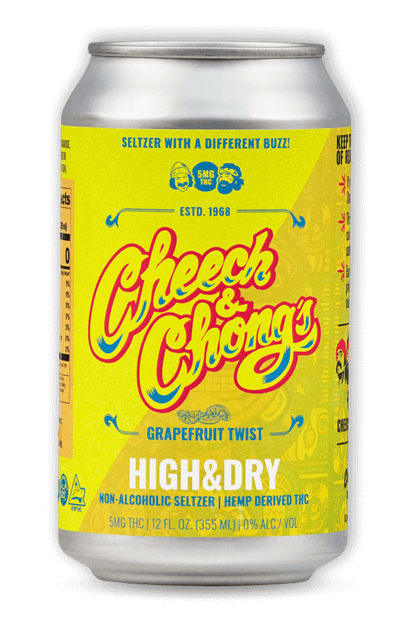 A can of "cheech & chong's high & dry" grapefruit twist seltzer with bold, colorful graphics, featuring yellow and red text on a white background, advertising non-alcoholic content with 5mg thc, designed with a retro vibe.