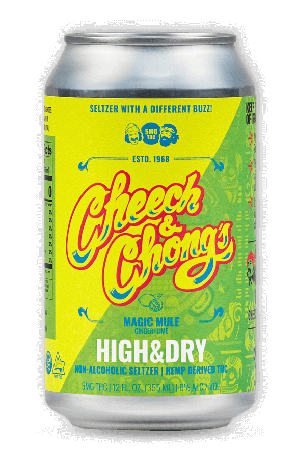 A can of cheech & chong "high & dry" magic mule gingerlime non-alcoholic seltzer. the can is decorated with vibrant, colorful graphics and text, and states it contains 5mg of hemp-derived thc.