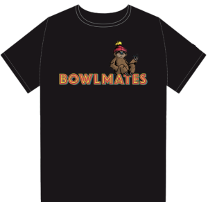 A black Herb Tee - Black featuring an illustration of a relaxed sloth wearing a red beanie and sunglasses, holding a spoon. The word "BOWLMATES" is written in bold, colorful letters beneath the sloth.