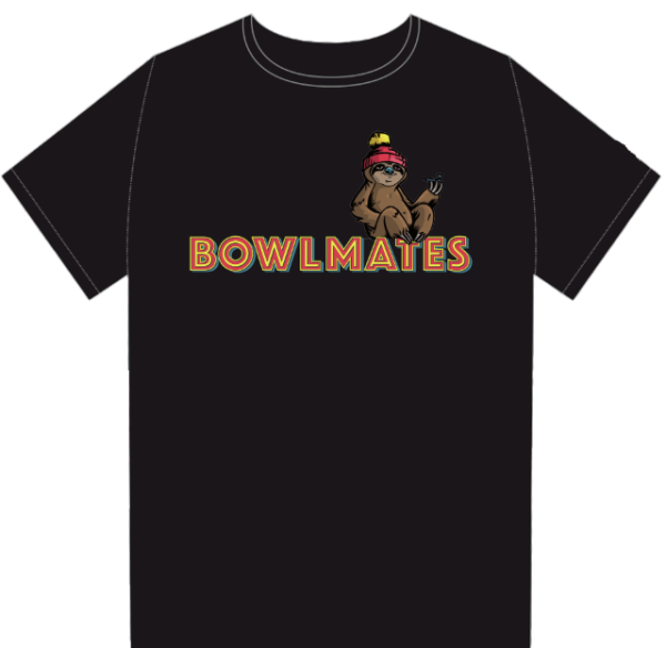 A black Herb Tee - Black featuring an illustration of a relaxed sloth wearing a red beanie and sunglasses, holding a spoon. The word "BOWLMATES" is written in bold, colorful letters beneath the sloth.