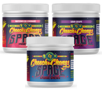 Three containers of Cheech & Chong's Space Chews candy in different flavors: watermelon lemonade, sour grape. Each jar has colorful, vibrant labels featuring a cosmic theme and includes lab results