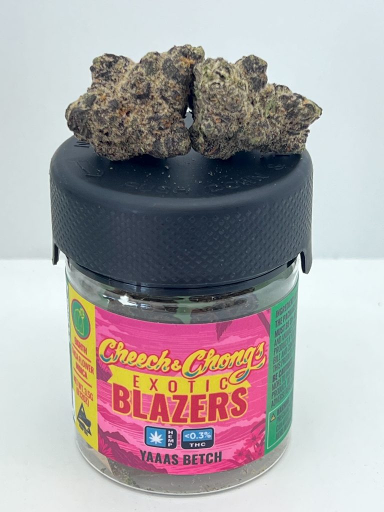 A jar labeled "cheech & chong exotics blazers" with colorful graphics contains cannabis buds stacked on its closed black lid. The label includes text like "yaas betch," a THC