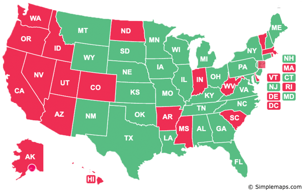 A map of the United States showing states in red and green. States such as California, Texas, and Florida are in green, while states like New York, Illinois, and Alaska are in red. State labels and borders are clearly visible.